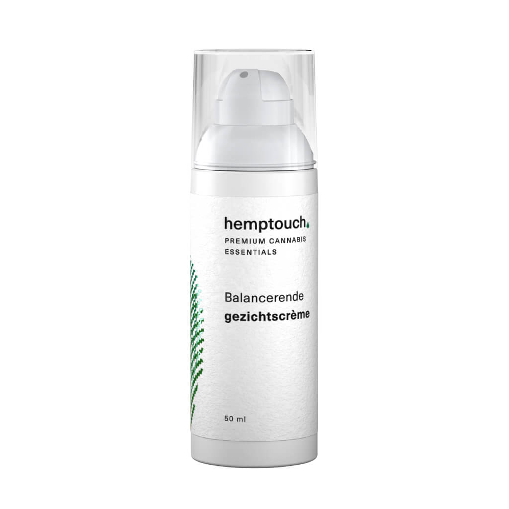 En flaske Hemptouch beroligende ansigtscreme med CBD (50ml/50mg) på en hvid baggrund.