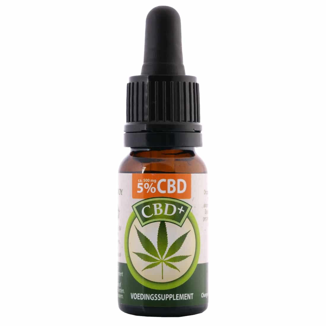 En flaske Jacob Hooy CBD Olie 5% (10ml) på en hvid baggrund.