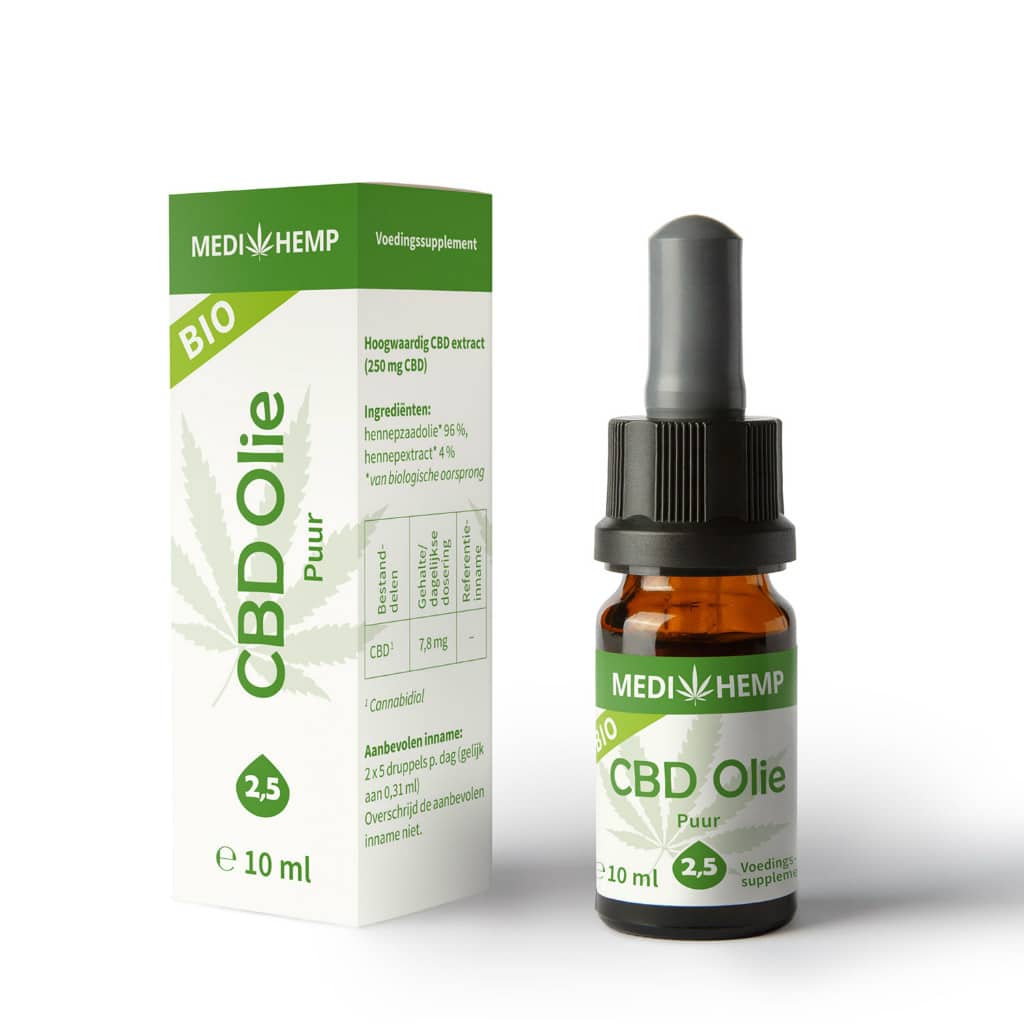 Medihemp CBD Olie Pure 2,5% (10ml) med æske og æske.