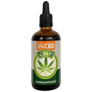 En flaske Jacob Hooy CBD Olie 5% (100ml) på en hvid baggrund.