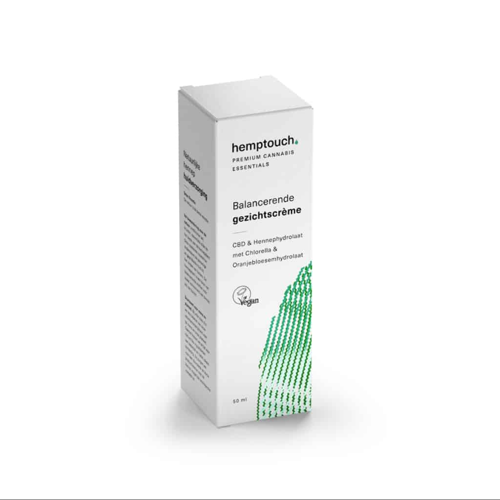 En æske Hemptouch beroligende ansigtscreme med CBD (50ml/50mg) på en hvid baggrund.