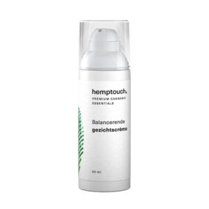 En flaske Hemptouch beroligende ansigtscreme med CBD (50ml/50mg) på en hvid baggrund.