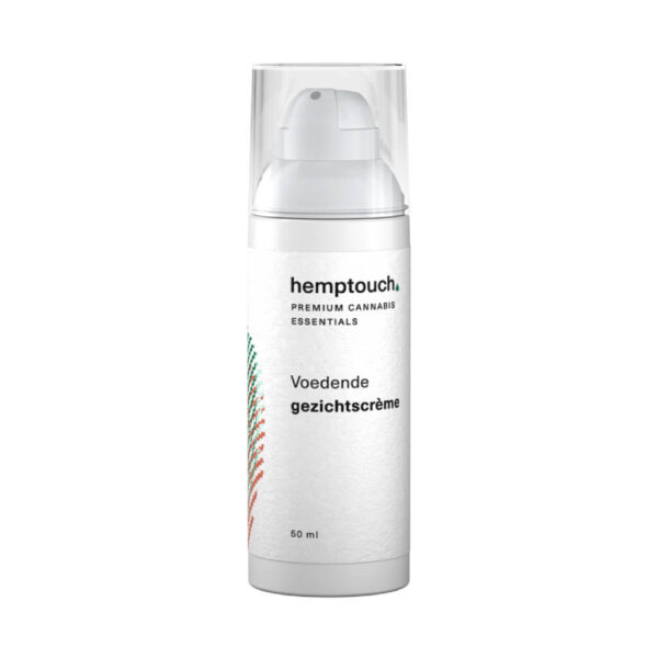 En flaske Hemptouch plejende ansigtscreme med CBD (50 ml/50 mg) på hvid baggrund.
