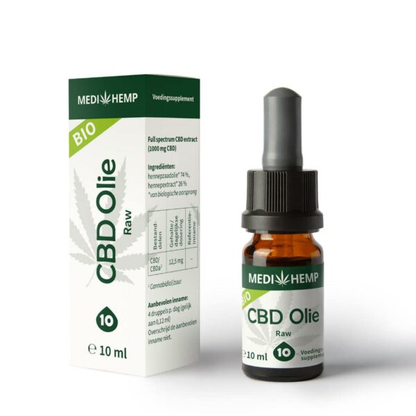 Medihemp CBD Olie RAW 10% med en æske ved siden af.