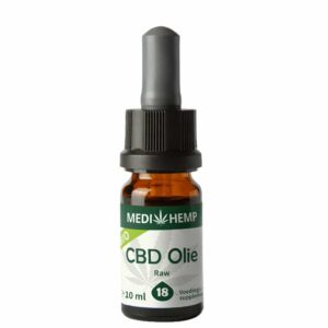 En flaske Medihemp CBD Olie RAW 18% (10ml) på en hvid baggrund.