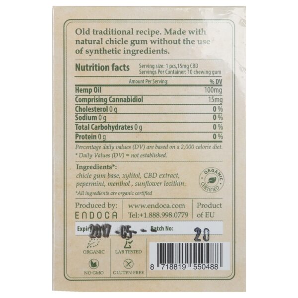 Bagsiden af en pakke Endoca CBD tyggegummi (10 stykker) – Mint.