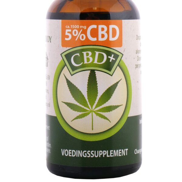 En flaske Jacob Hooy CBD Olie 5% (10ml) med en etiket på.