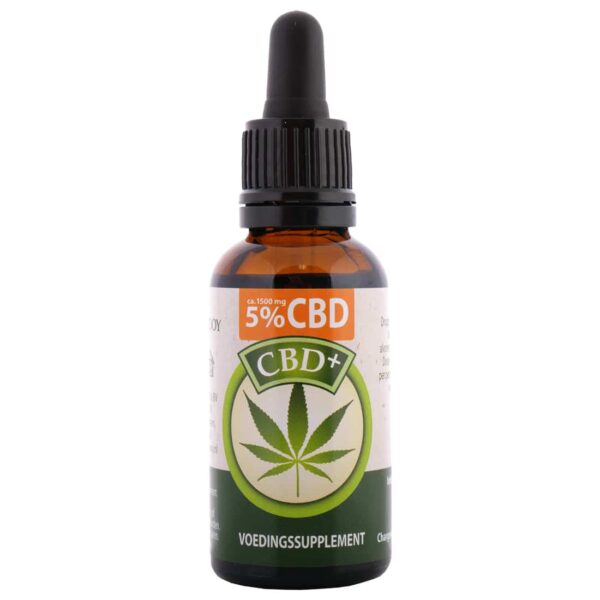 En flaske Jacob Hooy CBD Olie 5% (30ml) på en hvid baggrund.