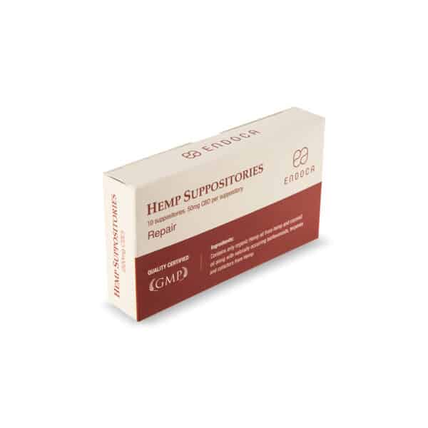 En æske Endoca CBD-stikpiller (10*50 mg) på hvid baggrund.